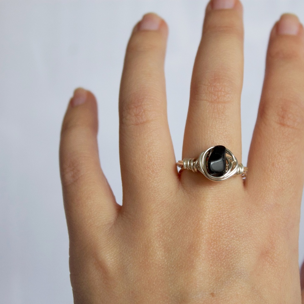 Silver wire ring with Obsidian